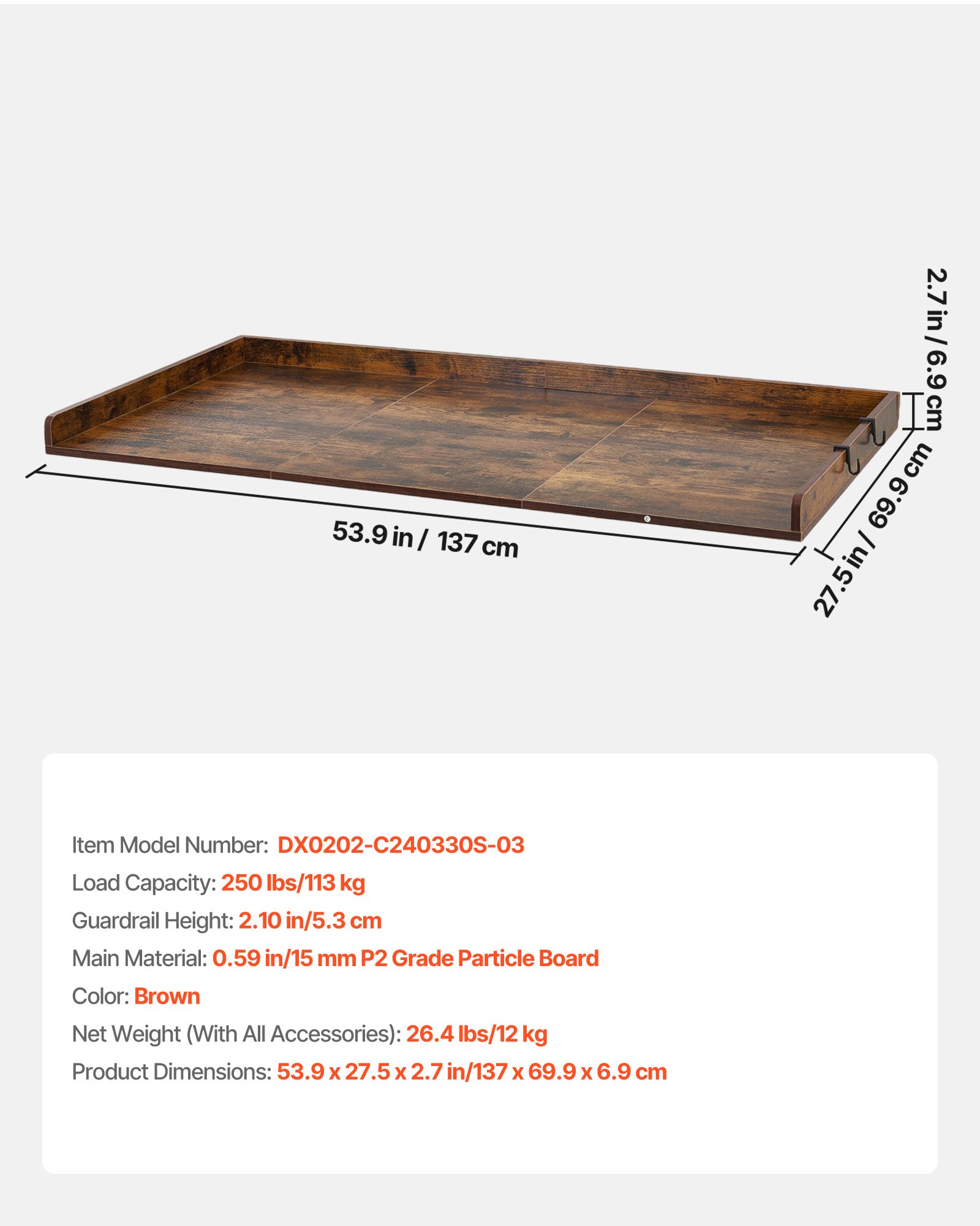 VEVOR Encimera para Lavadora y Secadora 137 x 69,9 cm Cubierta Superior de Madera Soporta hasta 113 kg con Ganchos Laterales, Borde Elevado, Almohadillas para Lavadero Baño Cocina Balcón, Color Marrón