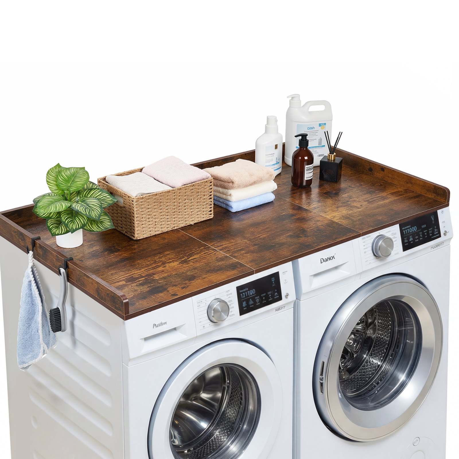 VEVOR Encimera para Lavadora y Secadora 137 x 69,9 cm Cubierta Superior de Madera Soporta hasta 113 kg con Ganchos Laterales, Borde Elevado, Almohadillas para Lavadero Baño Cocina Balcón, Color Marrón