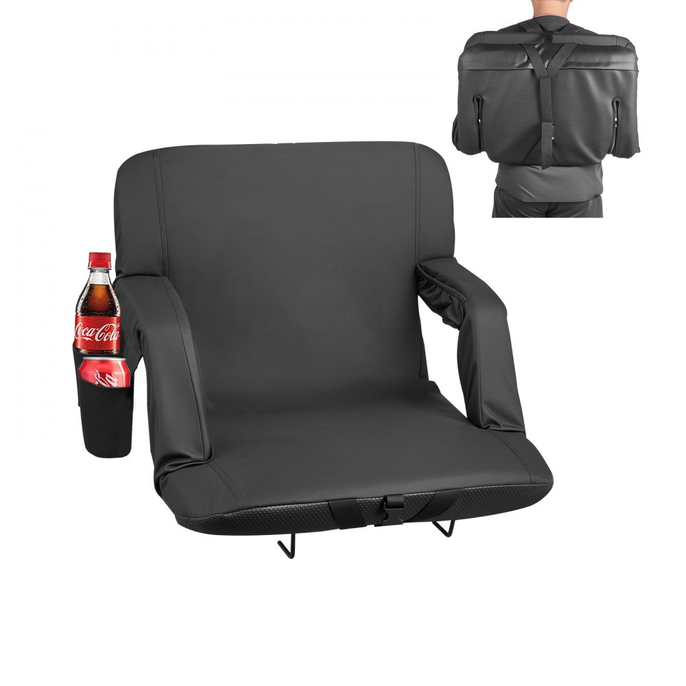 VEVOR Cojín de Asiento de Estadio Plegable, con 6 Ángulos Ajustables, con Reposabrazos, Respaldo y Portavasos, Asiento de Grada para Picnics, Playa, Deportes y Juegos, 560 x 580 x 470 mm, Negro