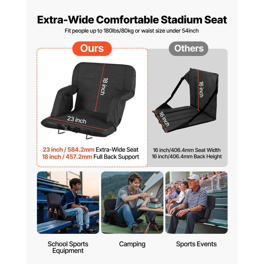 VEVOR Cojín de Asiento de Estadio Plegable, con 6 Ángulos Ajustables, con Reposabrazos, Respaldo y Portavasos, Asiento de Grada para Picnics, Playa, Deportes y Juegos, 560 x 580 x 470 mm, Negro