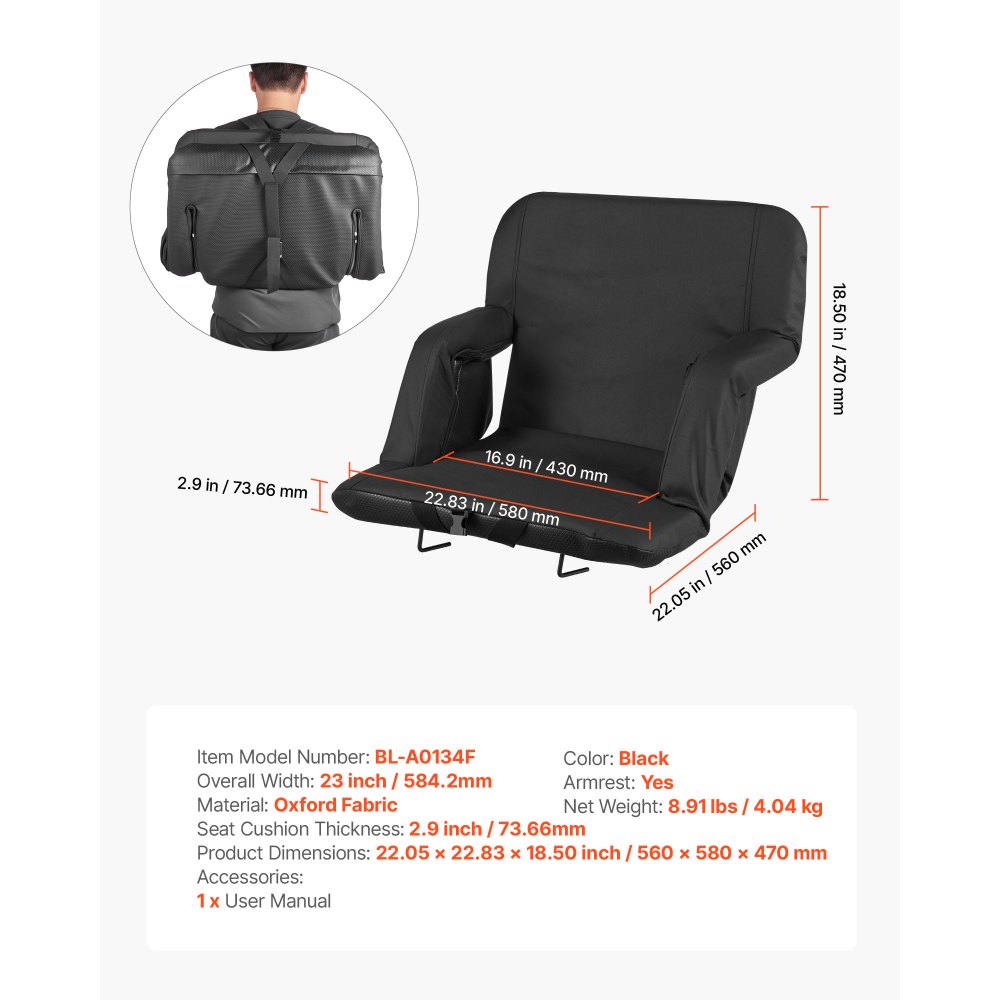 VEVOR Cojín de Asiento de Estadio Plegable, con 6 Ángulos Ajustables, con Reposabrazos, Respaldo y Portavasos, Asiento de Grada para Picnics, Playa, Deportes y Juegos, 560 x 580 x 470 mm, Negro