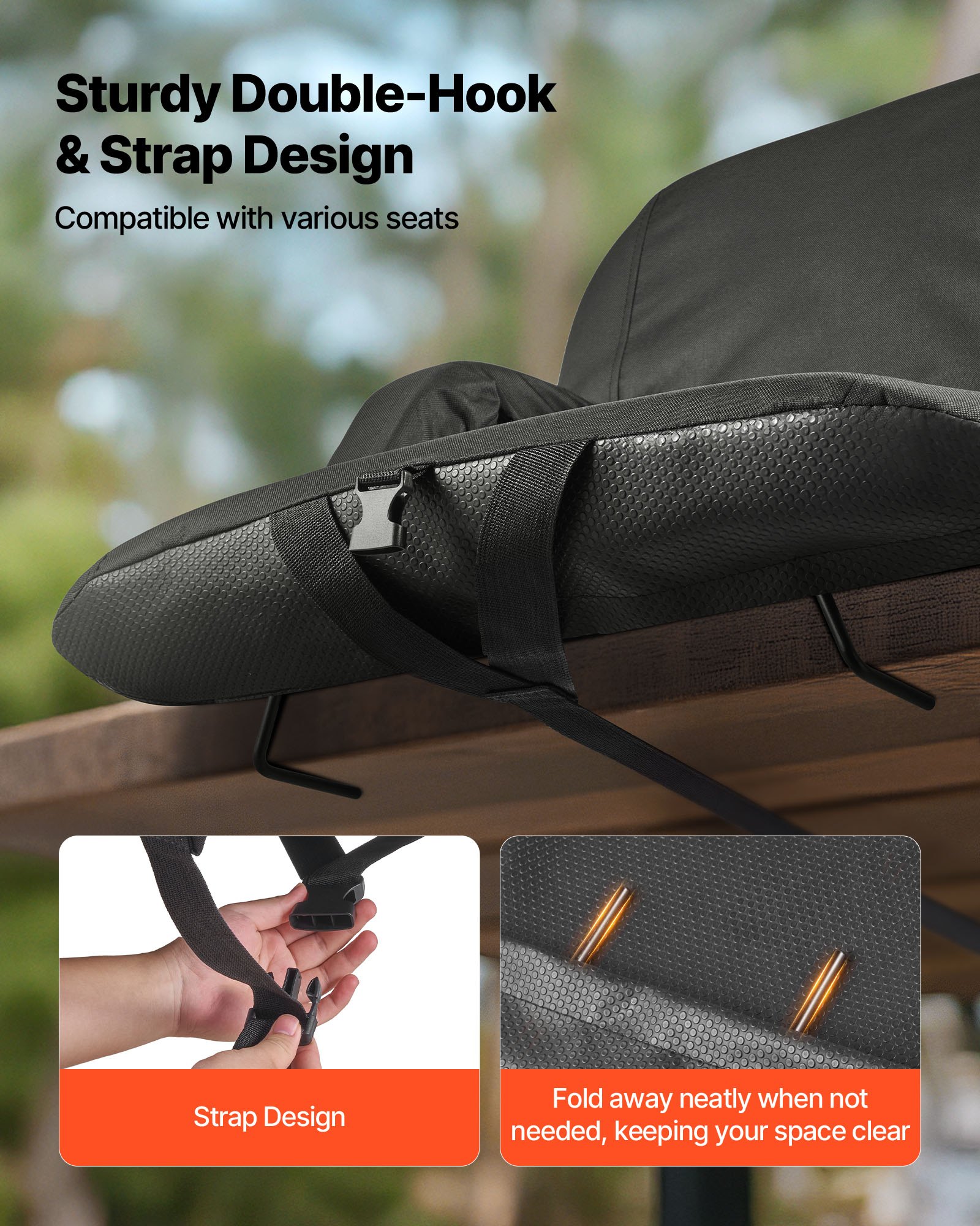VEVOR Cojín de Asiento de Estadio Plegable, con 6 Ángulos Ajustables, con Reposabrazos, Respaldo y Portavasos, Asiento de Grada para Picnics, Playa, Deportes y Juegos, 560 x 580 x 470 mm, Negro
