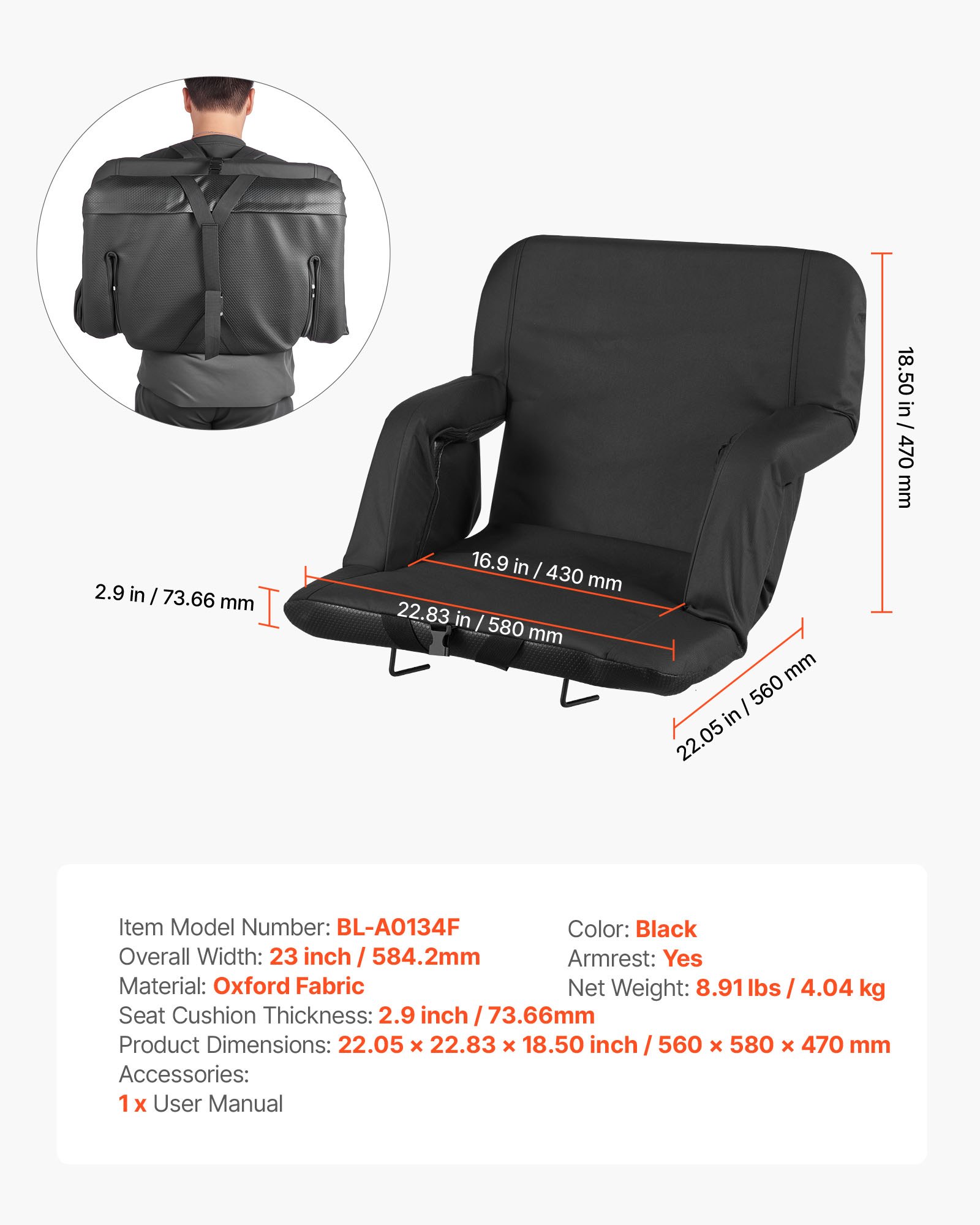 VEVOR Cojín de Asiento de Estadio Plegable, con 6 Ángulos Ajustables, con Reposabrazos, Respaldo y Portavasos, Asiento de Grada para Picnics, Playa, Deportes y Juegos, 560 x 580 x 470 mm, Negro