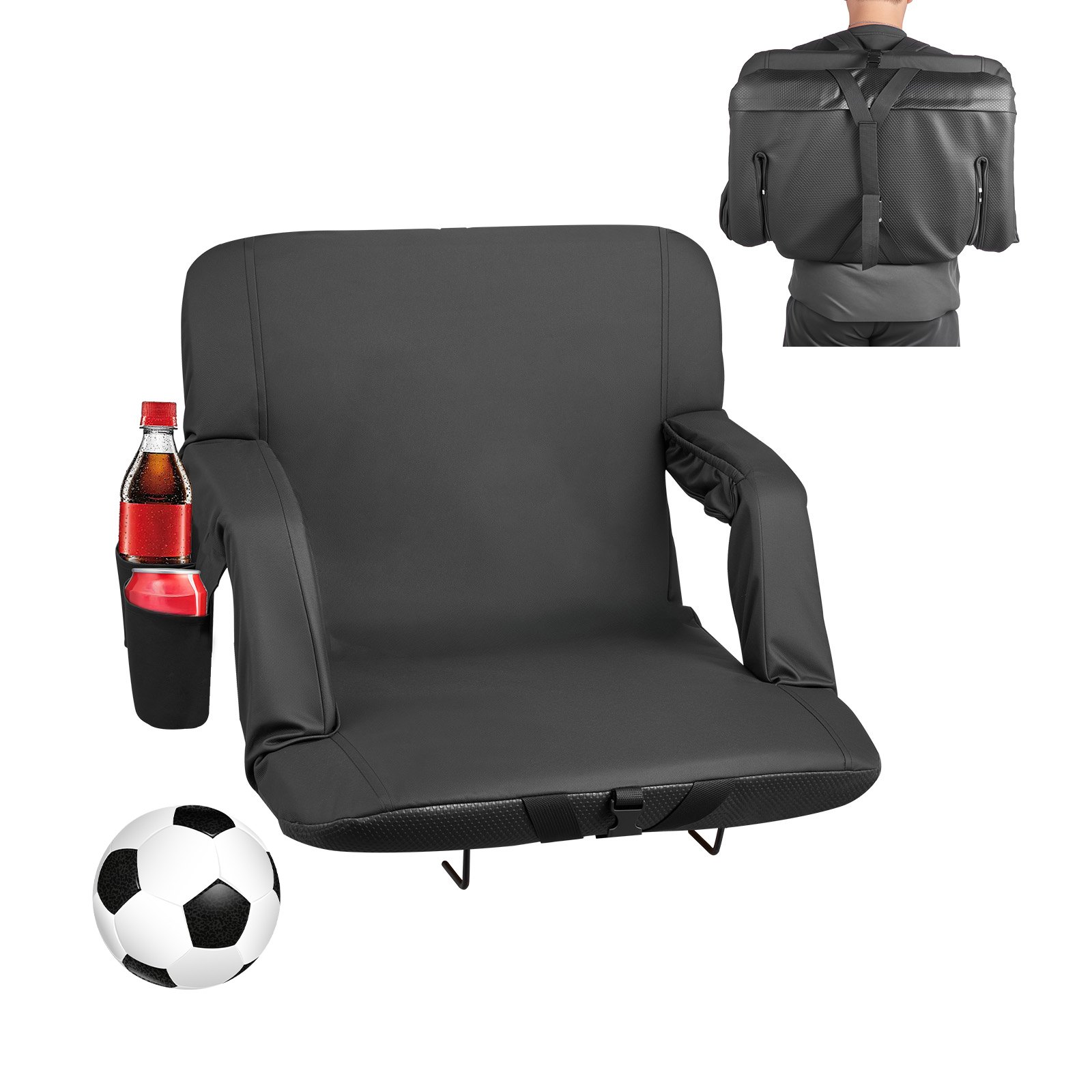 VEVOR Cojín de Asiento de Estadio Plegable, con 6 Ángulos Ajustables, con Reposabrazos, Respaldo y Portavasos, Asiento de Grada para Picnics, Playa, Deportes y Juegos, 560 x 580 x 470 mm, Negro