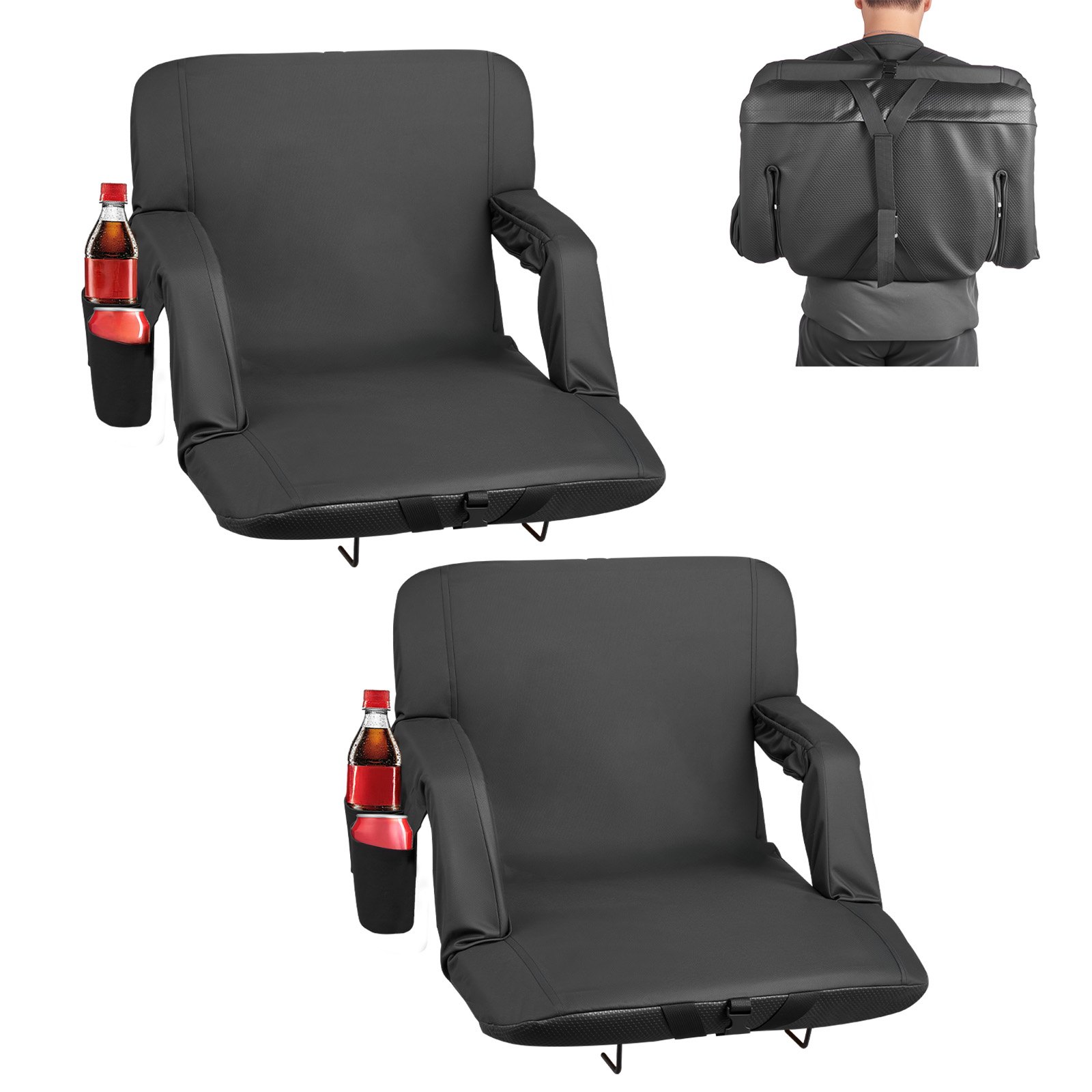 VEVOR 2 Cojines para Asientos de Estadio, con 6 Ángulos Ajustables, con Reposabrazos, Respaldo y Portavasos, Asiento de Grada para Picnics, Playa, Deportes y Juegos, 550 x 635 x 460 mm, Negro