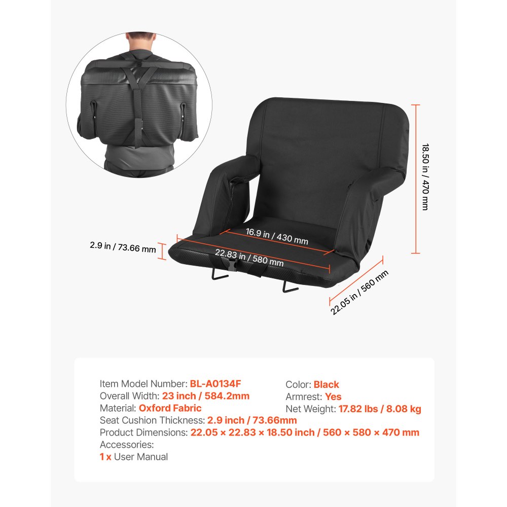 VEVOR 2 Cojines para Asiento de Estadio, con 6 Ángulos Ajustables, Acolchados, con Reposabrazos, Respaldo y Portavasos, para Picnics, Playa, Deportes, Juegos, Plegables, Negro, 560 x 580 x 470 mm