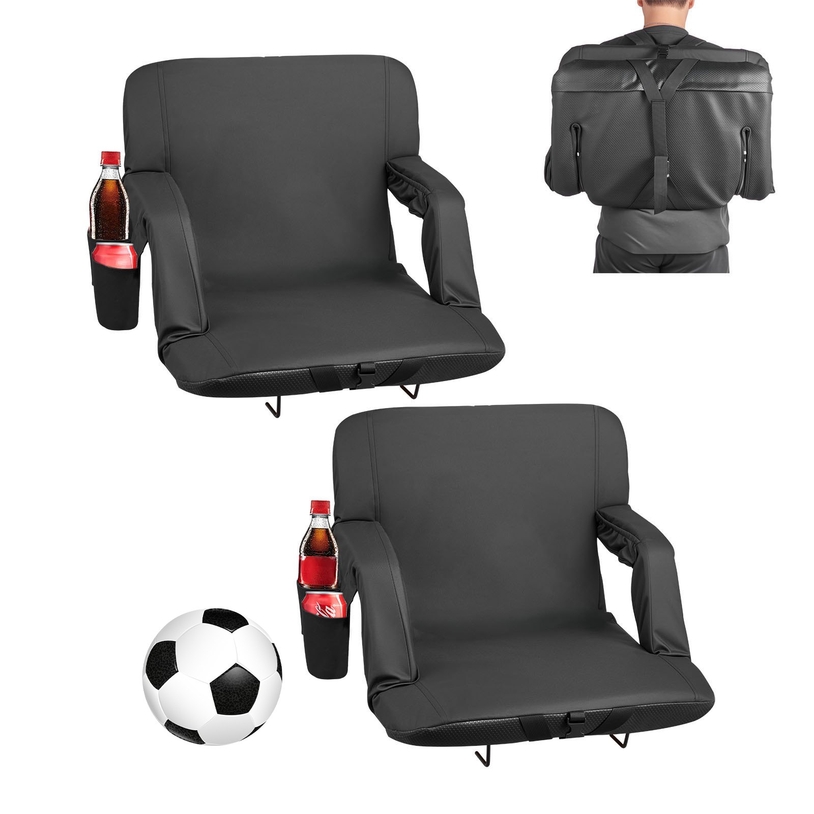 VEVOR 2 Cojines para Asiento de Estadio, con 6 Ángulos Ajustables, Acolchados, con Reposabrazos, Respaldo y Portavasos, para Picnics, Playa, Deportes, Juegos, Plegables, Negro, 560 x 580 x 470 mm