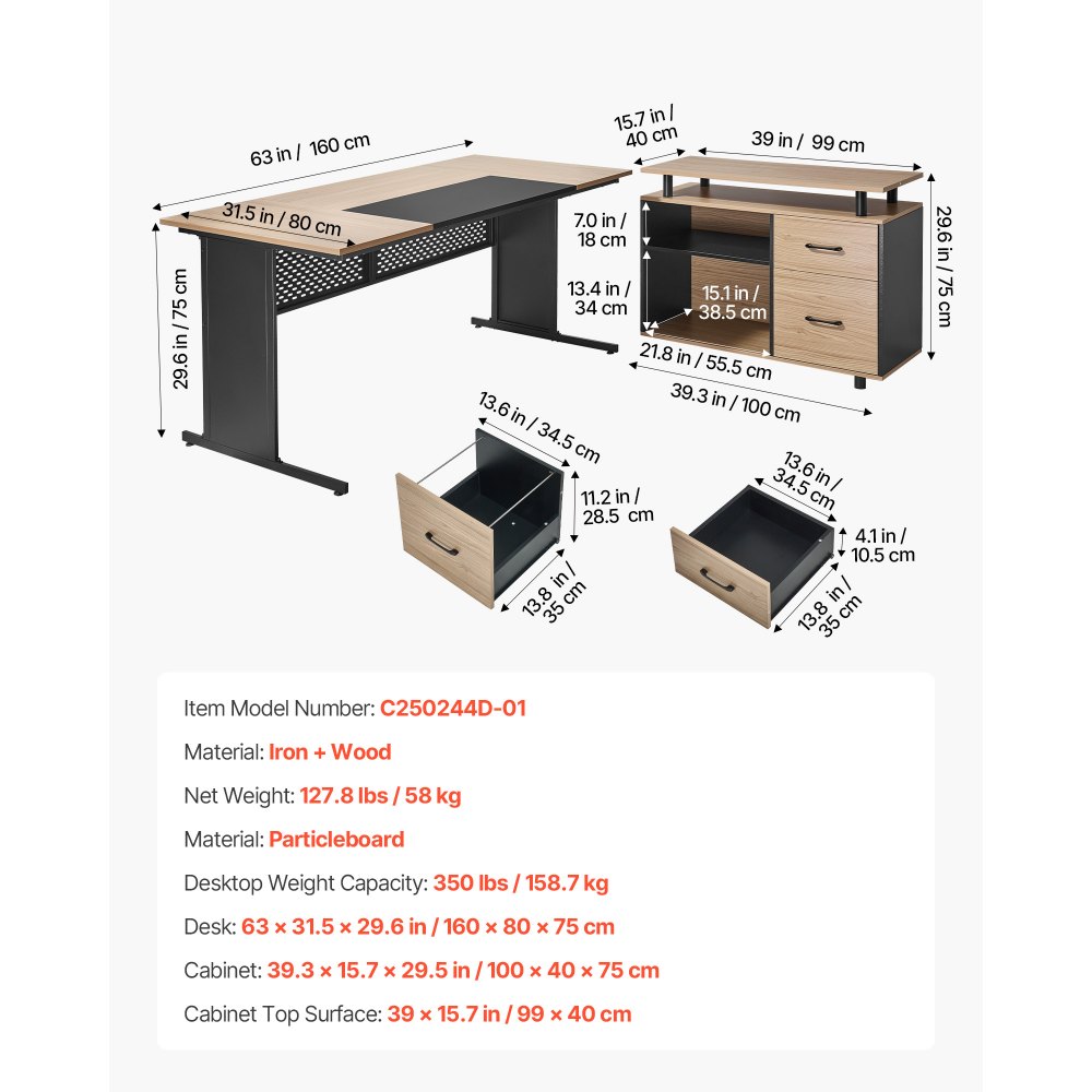 VEVOR Escritorio Ejecutivo Grande en Forma de L, con Cajones y Armario, Reversible, Fabricado en Hierro y Madera, Soporta hasta 158,7 kg, Ideal para Trabajar, Estudiar y Escribir, Madera y Negro