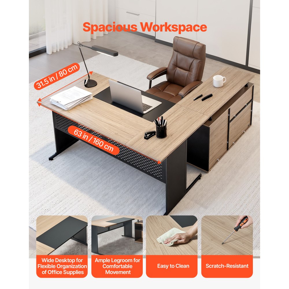 VEVOR Escritorio Ejecutivo Grande en Forma de L, con Cajones y Armario, Reversible, Fabricado en Hierro y Madera, Soporta hasta 158,7 kg, Ideal para Trabajar, Estudiar y Escribir, Madera y Negro
