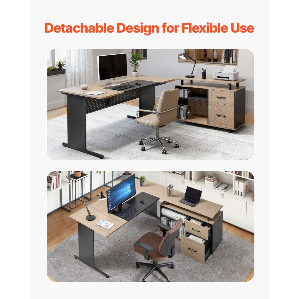 VEVOR Escritorio Ejecutivo Grande en Forma de L, con Cajones y Armario, Reversible, Fabricado en Hierro y Madera, Soporta hasta 158,7 kg, Ideal para Trabajar, Estudiar y Escribir, Madera y Negro