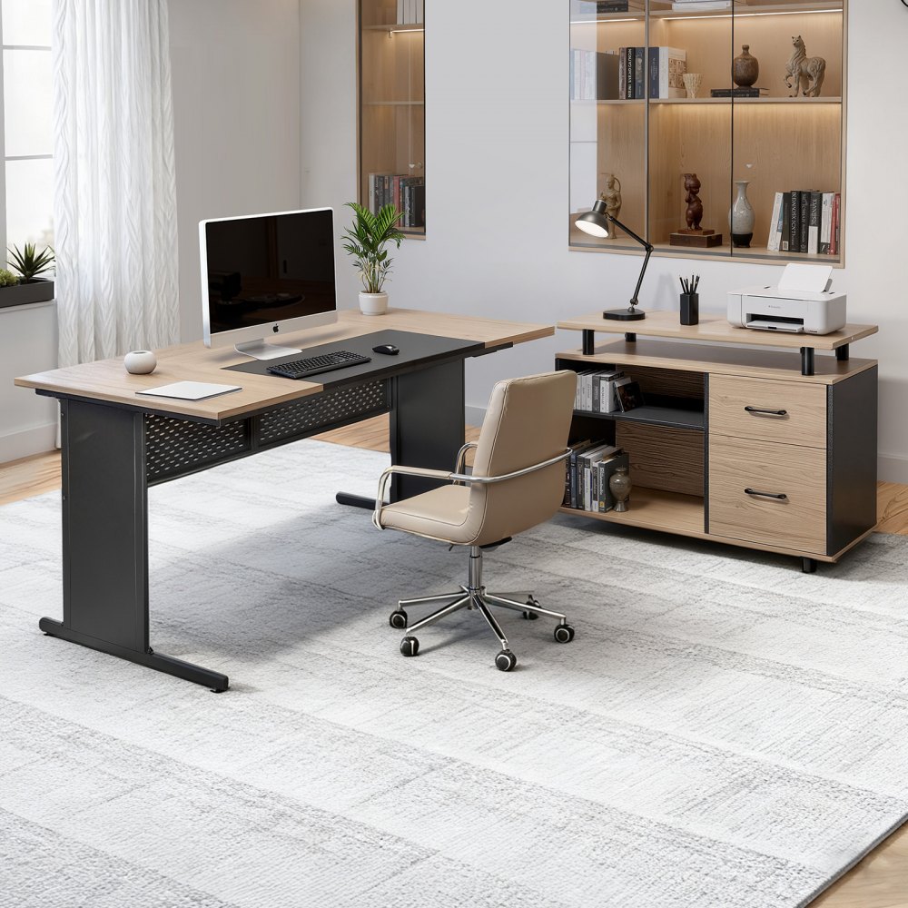 VEVOR Escritorio Ejecutivo Grande en Forma de L, con Cajones y Armario, Reversible, Fabricado en Hierro y Madera, Soporta hasta 158,7 kg, Ideal para Trabajar, Estudiar y Escribir, Madera y Negro