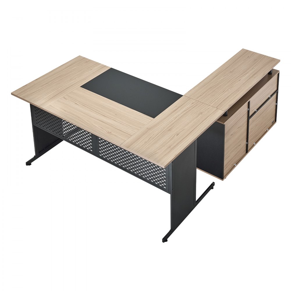 VEVOR Escritorio Ejecutivo Grande en Forma de L, con Cajones y Armario, Reversible, Fabricado en Hierro y Madera, Soporta hasta 158,7 kg, Ideal para Trabajar, Estudiar y Escribir, Madera y Negro