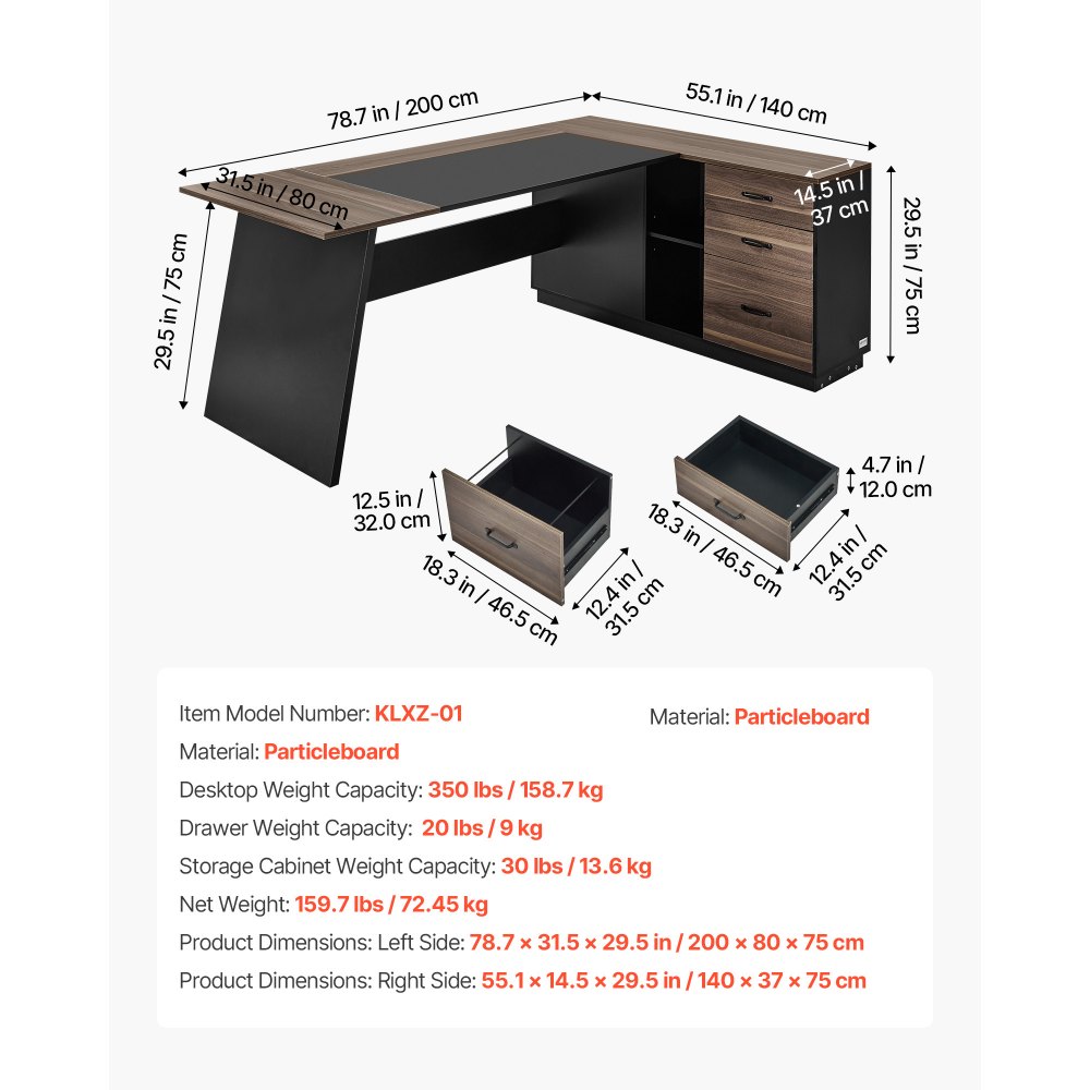 VEVOR Escritorio Ejecutivo en Forma de L, Escritorio Moderno con Cajones y Armario, Robusto, Soporta hasta 158,7 kg, Tablero de Partículas, para Trabajar, Estudiar o Escribir, Color Marrón Negro