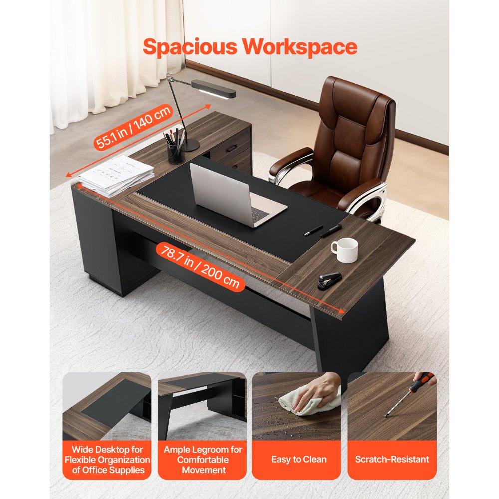 VEVOR Escritorio Ejecutivo en Forma de L, Escritorio Moderno con Cajones y Armario, Robusto, Soporta hasta 158,7 kg, Tablero de Partículas, para Trabajar, Estudiar o Escribir, Color Marrón Negro