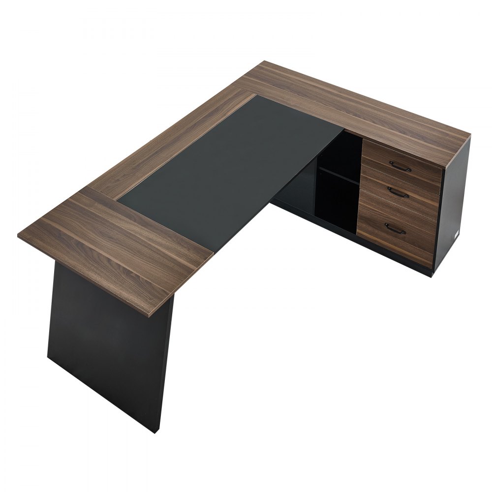 VEVOR Escritorio Ejecutivo en Forma de L, Escritorio Moderno con Cajones y Armario, Robusto, Soporta hasta 158,7 kg, Tablero de Partículas, para Trabajar, Estudiar o Escribir, Color Marrón Negro