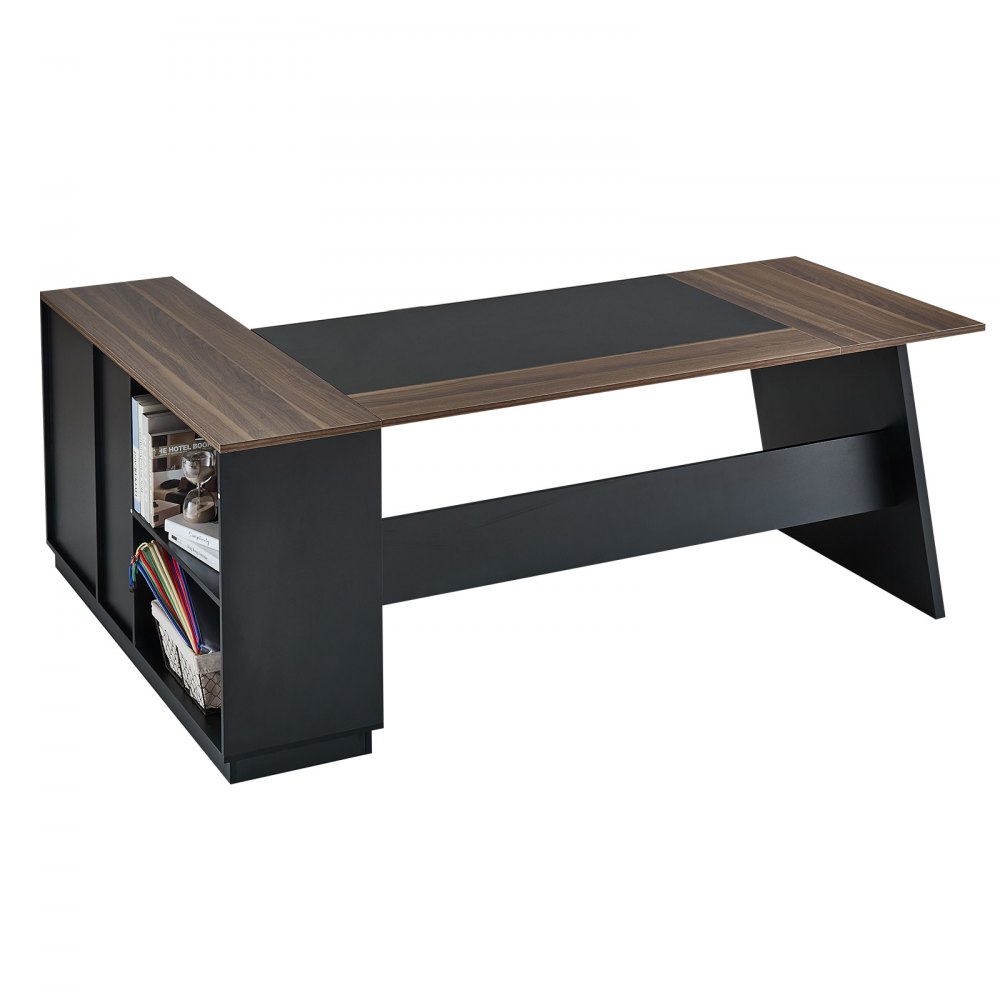 VEVOR Escritorio Ejecutivo en Forma de L, Escritorio Moderno con Cajones y Armario, Robusto, Soporta hasta 158,7 kg, Tablero de Partículas, para Trabajar, Estudiar o Escribir, Color Marrón Negro