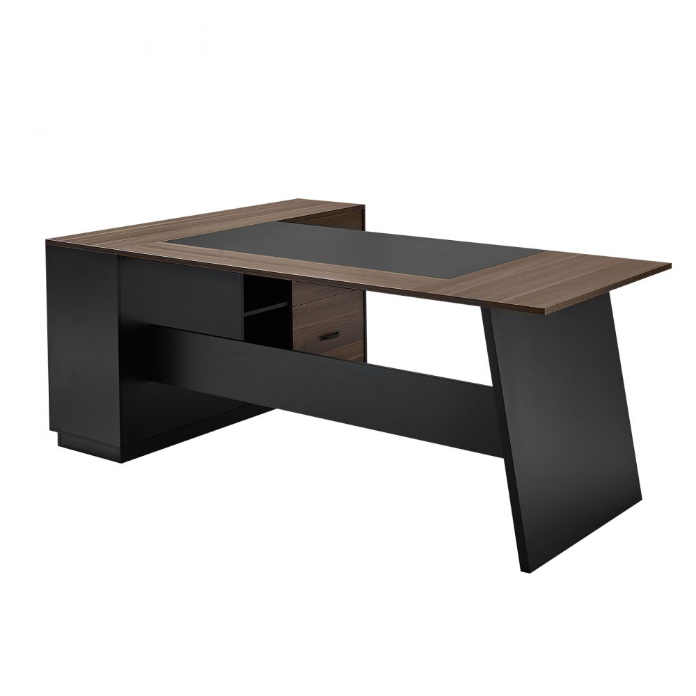 VEVOR Escritorio Ejecutivo en Forma de L, Escritorio Moderno con Cajones y Armario, Robusto, Soporta hasta 158,7 kg, Tablero de Partículas, para Trabajar, Estudiar o Escribir, Color Marrón Negro