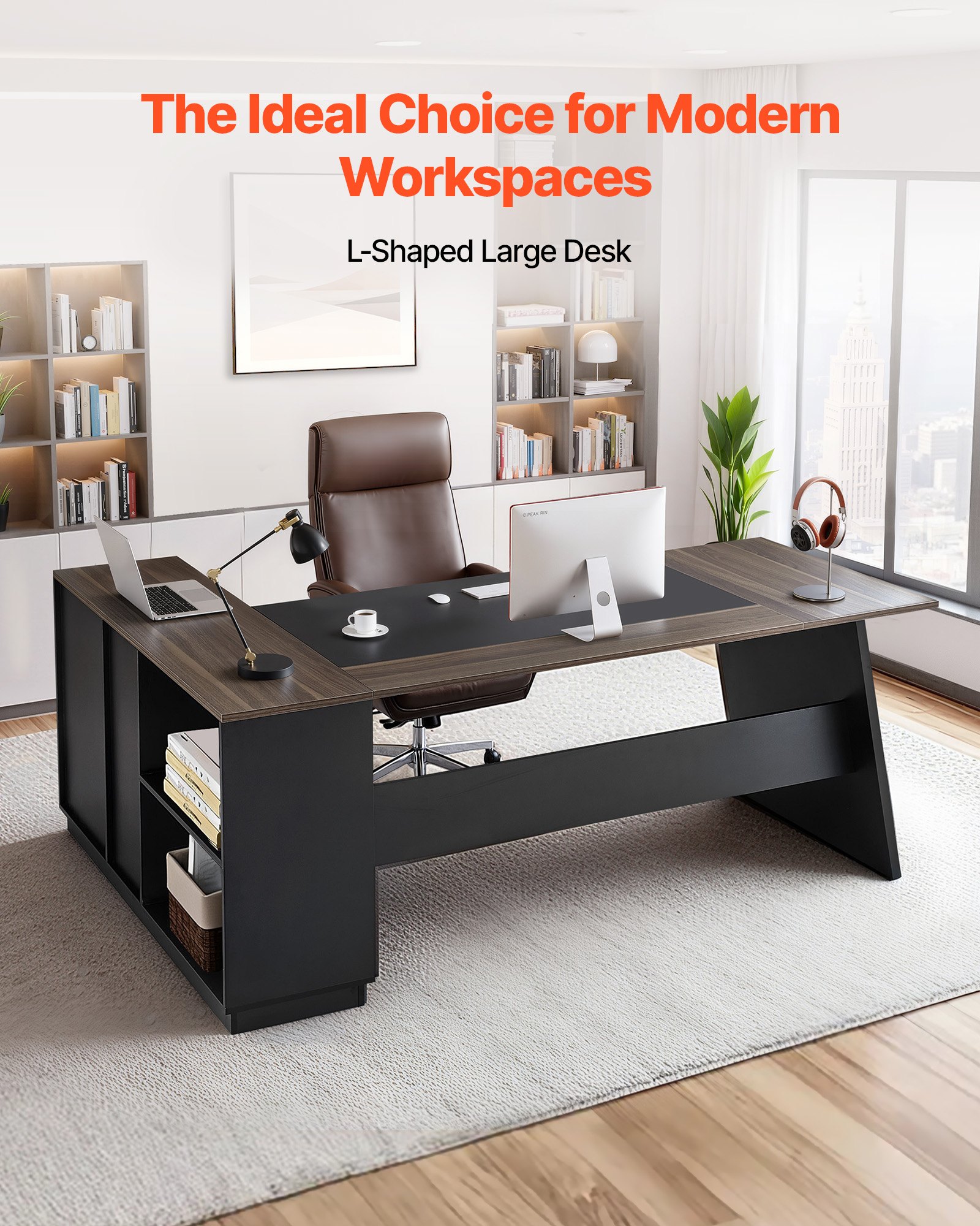VEVOR Escritorio Ejecutivo en Forma de L, Escritorio Moderno con Cajones y Armario, Robusto, Soporta hasta 158,7 kg, Tablero de Partículas, para Trabajar, Estudiar o Escribir, Color Marrón Negro