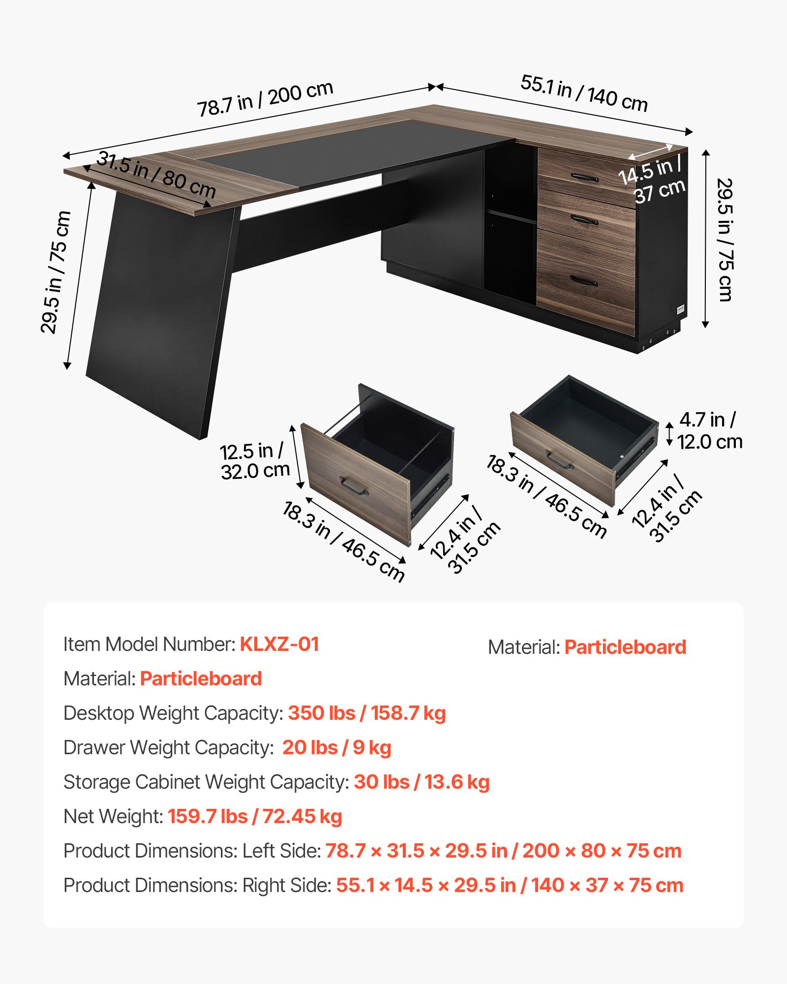 VEVOR Escritorio Ejecutivo en Forma de L, Escritorio Moderno con Cajones y Armario, Robusto, Soporta hasta 158,7 kg, Tablero de Partículas, para Trabajar, Estudiar o Escribir, Color Marrón Negro