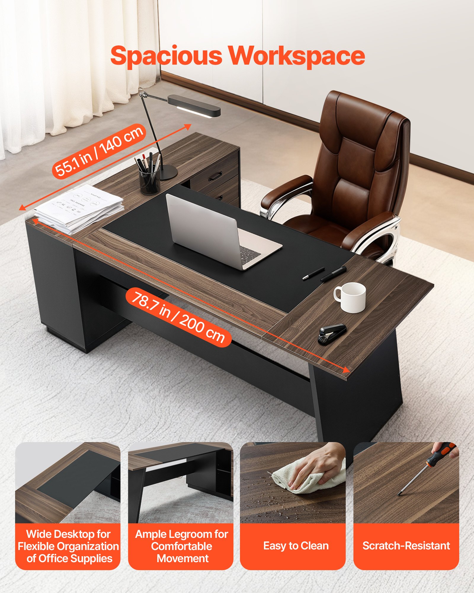 VEVOR Escritorio Ejecutivo en Forma de L, Escritorio Moderno con Cajones y Armario, Robusto, Soporta hasta 158,7 kg, Tablero de Partículas, para Trabajar, Estudiar o Escribir, Color Marrón Negro