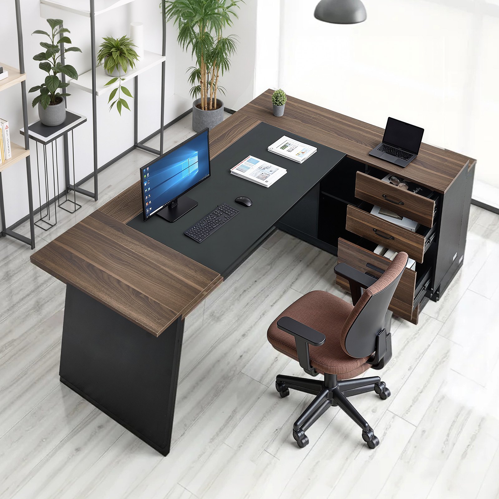 VEVOR Escritorio Ejecutivo en Forma de L, Escritorio Moderno con Cajones y Armario, Robusto, Soporta hasta 158,7 kg, Tablero de Partículas, para Trabajar, Estudiar o Escribir, Color Marrón Negro