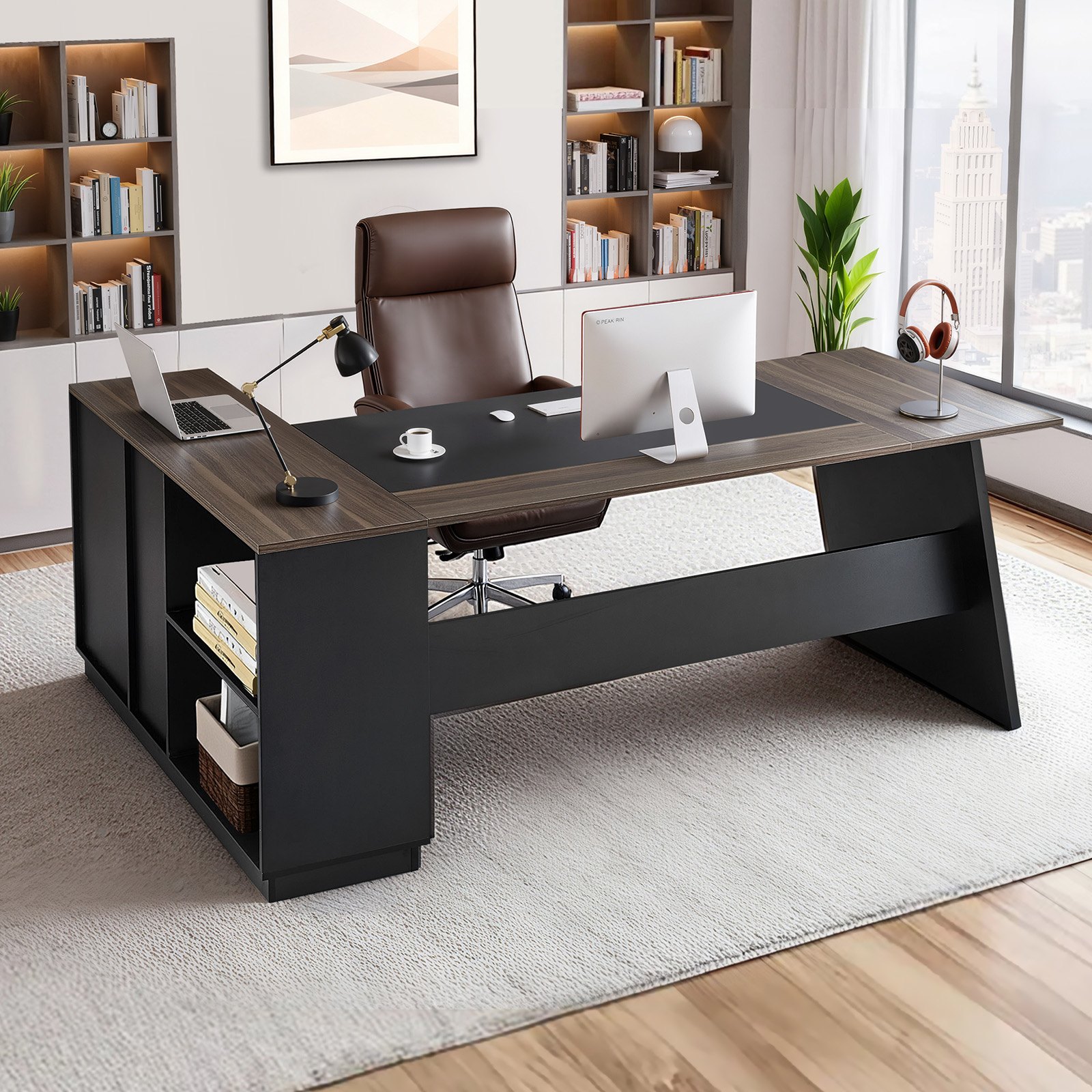 VEVOR Escritorio Ejecutivo en Forma de L, Escritorio Moderno con Cajones y Armario, Robusto, Soporta hasta 158,7 kg, Tablero de Partículas, para Trabajar, Estudiar o Escribir, Color Marrón Negro