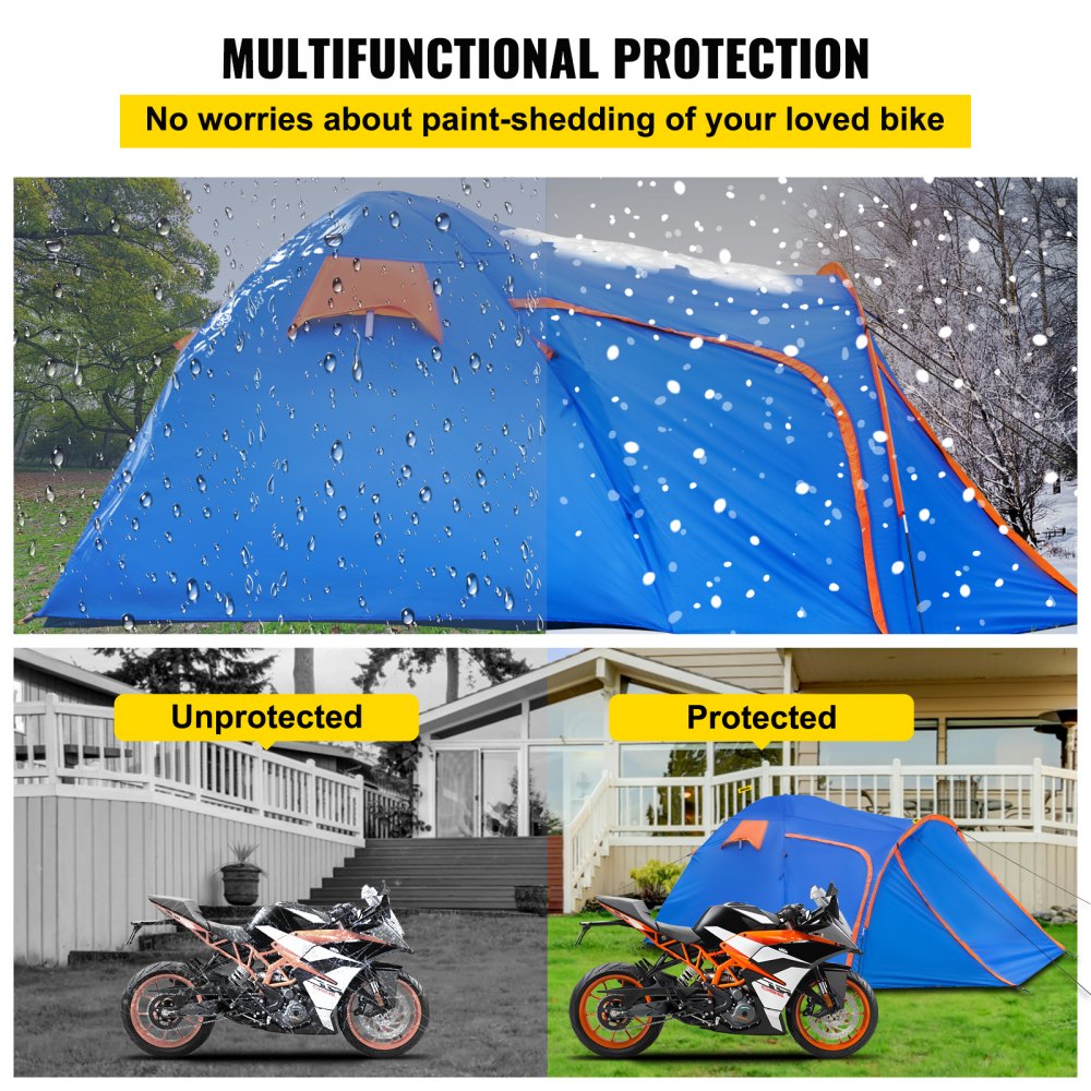 VEVOR Tienda de Campaña para Motocicletas Talla L 2-3 Personas Tienda de Campaña Impermeable 405x215x170 cm Ventilado y A Prueba de Humedad Fácil de Instalar para Acampar, Pescar y Navegar, Azul