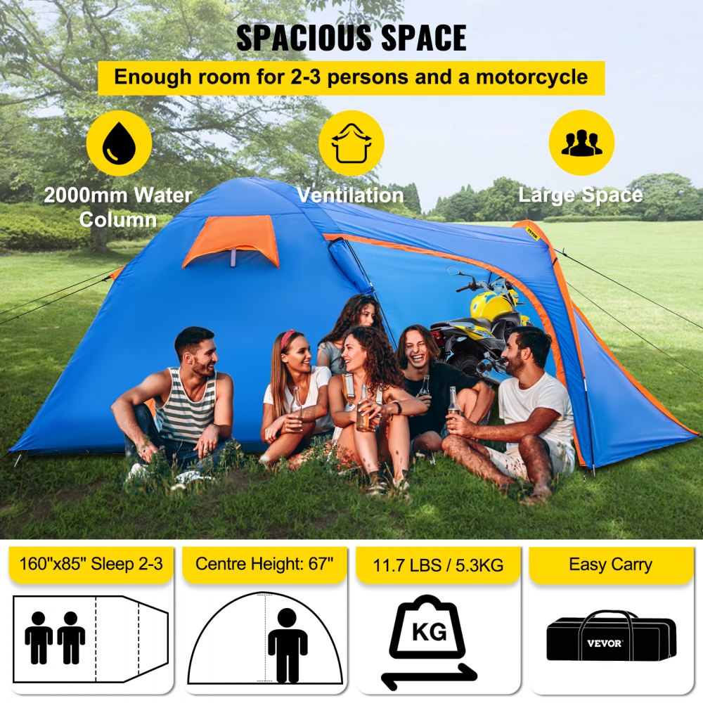 VEVOR Tienda de Campaña para Motocicletas Talla L 2-3 Personas Tienda de Campaña Impermeable 405x215x170 cm Ventilado y A Prueba de Humedad Fácil de Instalar para Acampar, Pescar y Navegar, Azul