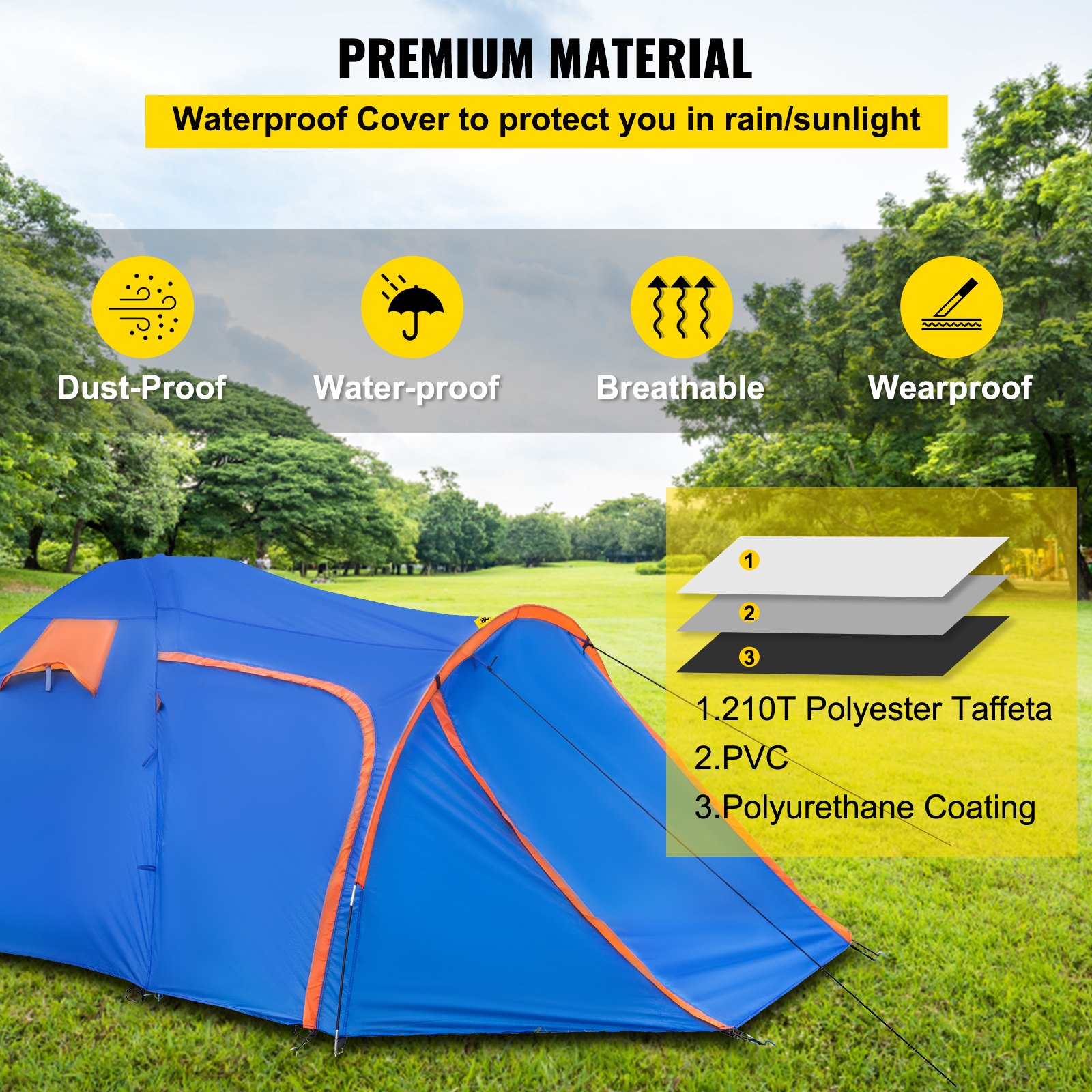 VEVOR Tienda de Campaña para Motocicletas Talla L 2-3 Personas Tienda de Campaña Impermeable 405x215x170 cm Ventilado y A Prueba de Humedad Fácil de Instalar para Acampar, Pescar y Navegar, Azul