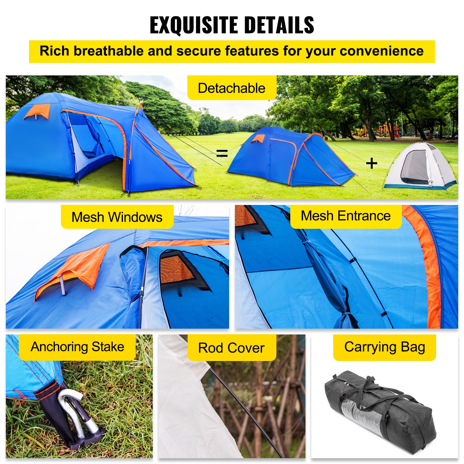 VEVOR Tienda de Campaña para Motocicletas Talla L 2-3 Personas Tienda de Campaña Impermeable 405x215x170 cm Ventilado y A Prueba de Humedad Fácil de Instalar para Acampar, Pescar y Navegar, Azul