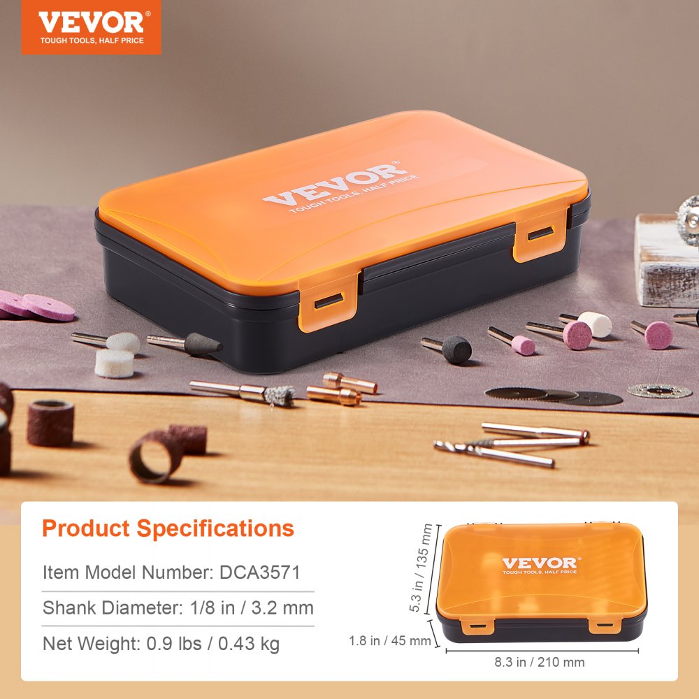 VEVOR Kit de Accesorios para Herramientas Rotativas 357 PCS Accesorios para Herramienta Rotativa Diámetro del Vástago 3,2 mm con Caja de Almacenamiento 210x135x45 mm para Tallar, Lijar, Cortar, Pulir