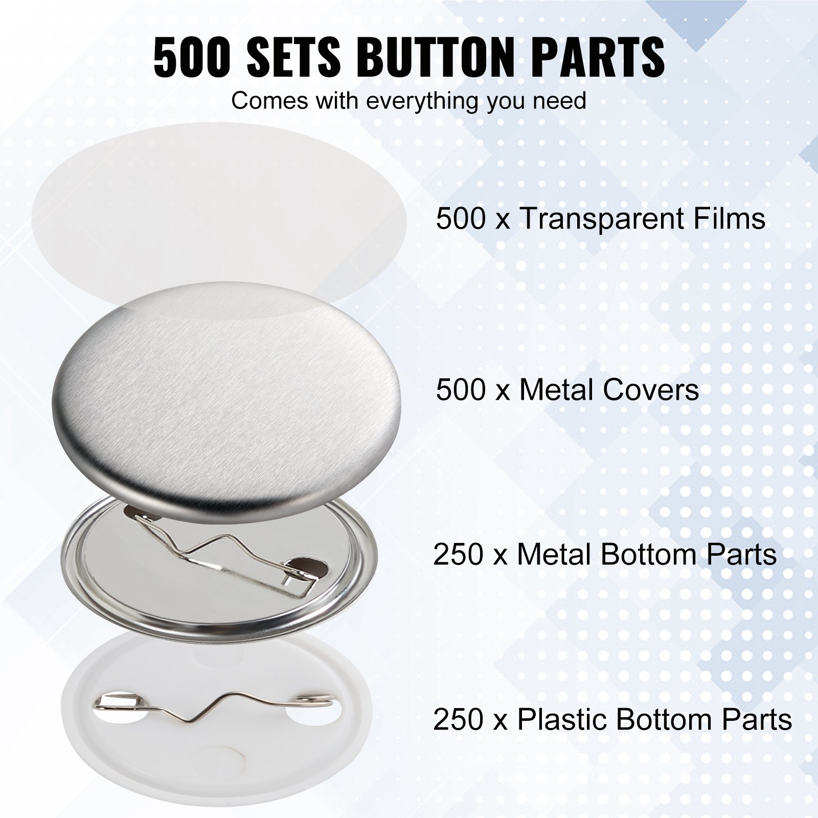 VEVOR 500 Juegos de Piezas de Botón de Pin de Insignia 32mm Kit de Insignias de Pin de Bricolaje 250 Partes Inferiores de Metal y 250 de Plástico Chapas Personalizadas, Máquina NO incluida