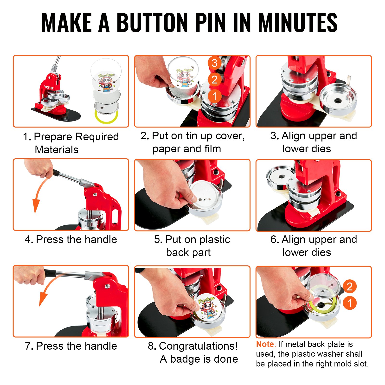 VEVOR 500 Juegos de Piezas de Botón de Pin de Insignia 32mm Kit de Insignias de Pin de Bricolaje 250 Partes Inferiores de Metal y 250 de Plástico Chapas Personalizadas, Máquina NO incluida