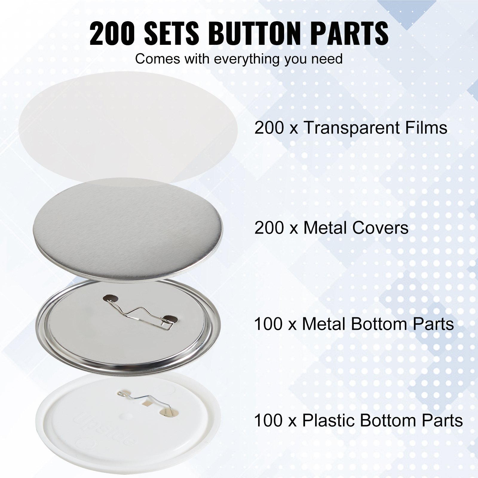 VEVOR 200 Juegos de Piezas de Botón de Pin de Insignia 75mm Kit de Insignias de Pin de Bricolaje 100 Partes Inferiores de Metal y 100 de Plástico Chapas Personalizadas, Máquina NO incluida