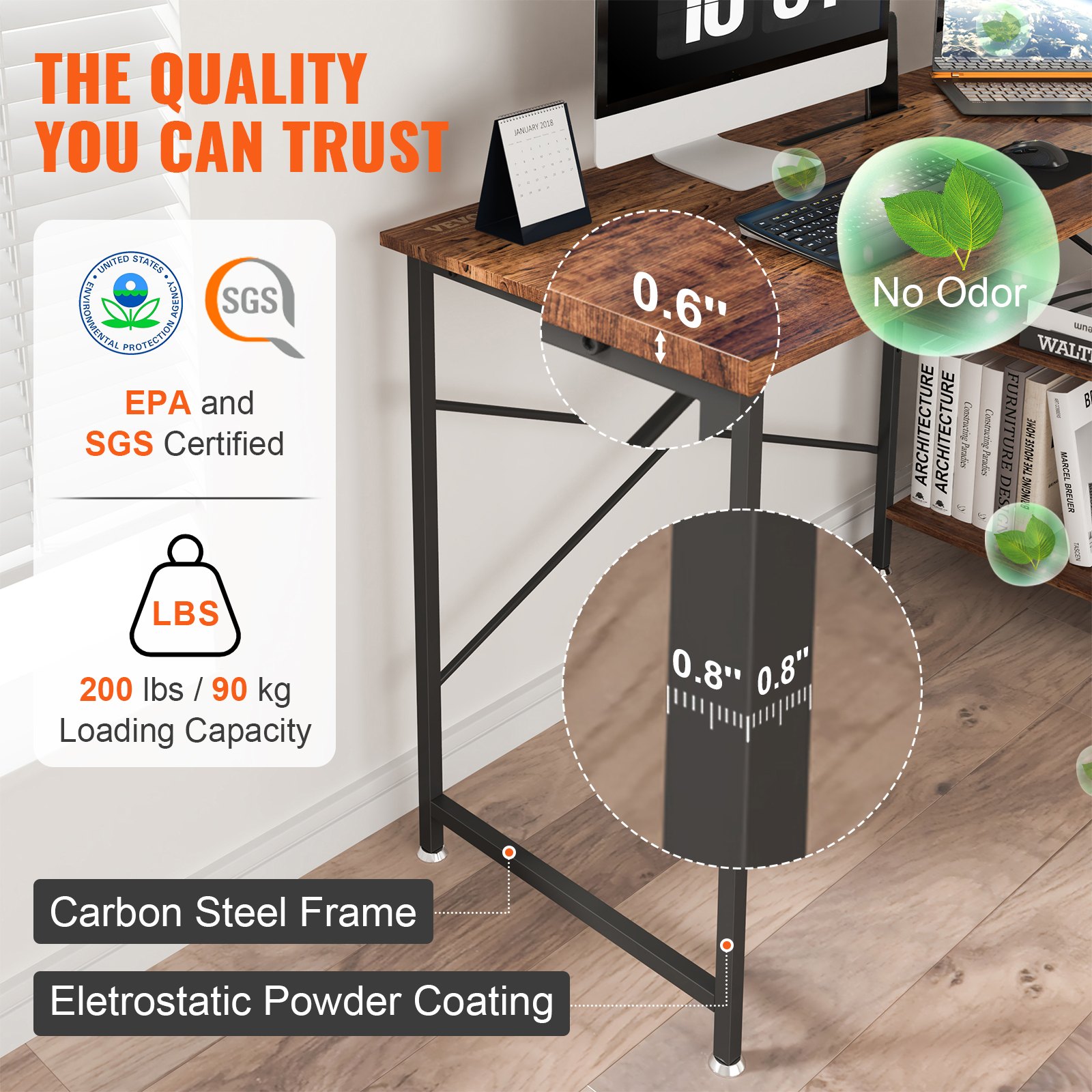 VEVOR Escritorio de Esquina 120x89x76 cm Carga de 90 kg Escritorio en Forma de L con Bolsa de Almacenamiento, Elevador de Monitor y Soporte de CPU Mesa de Ordenador para Estudio Trabajo Casa Marrón