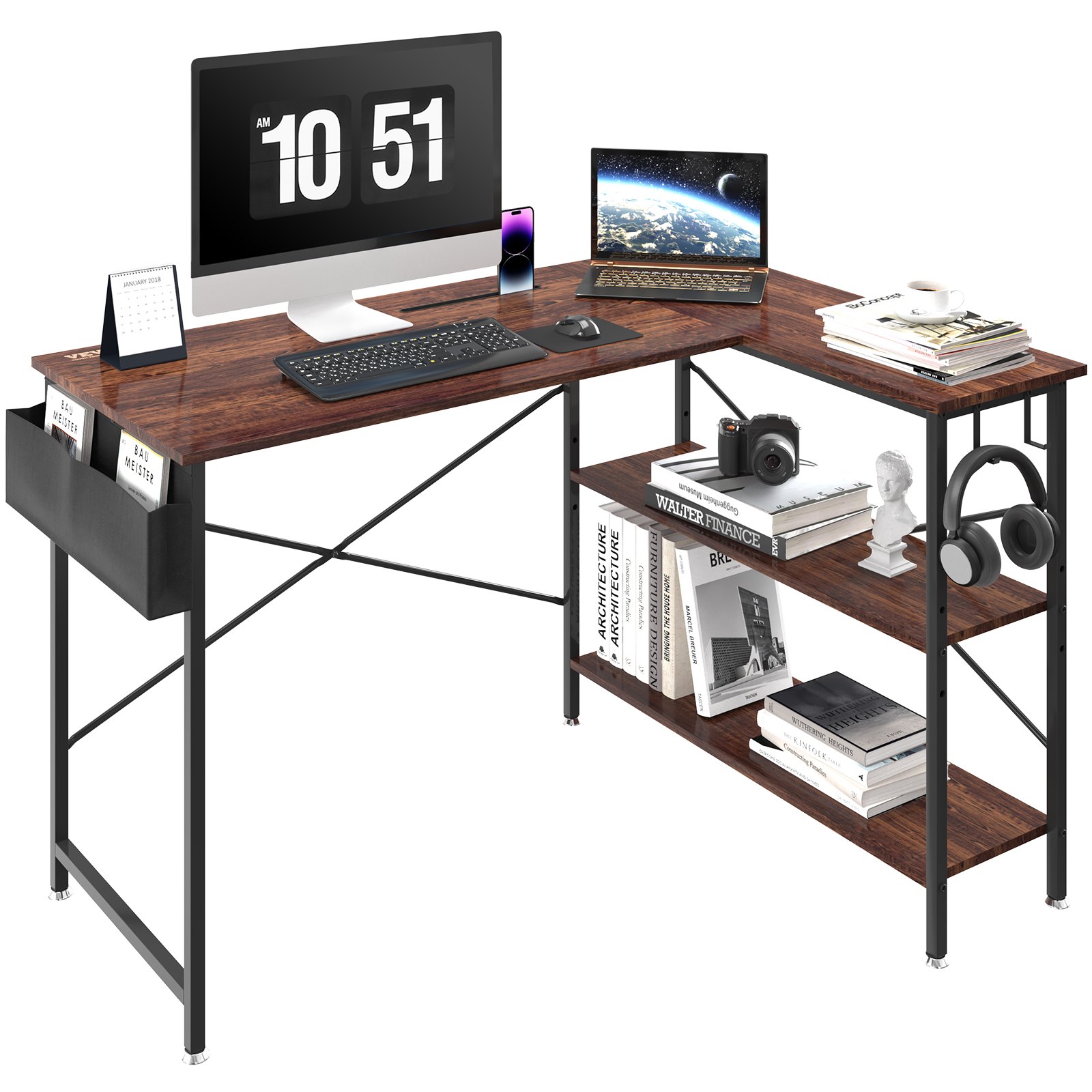 VEVOR Escritorio de Esquina 120x89x76 cm Carga de 90 kg Escritorio en Forma de L con Bolsa de Almacenamiento, Elevador de Monitor y Soporte de CPU Mesa de Ordenador para Estudio Trabajo Casa Marrón