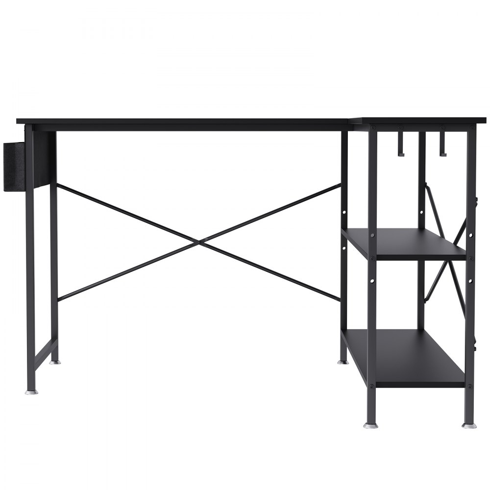 Escritorio de computadora VEVOR en forma de L negro con estructura de metal, dos estantes y vigas de soporte en forma de X.