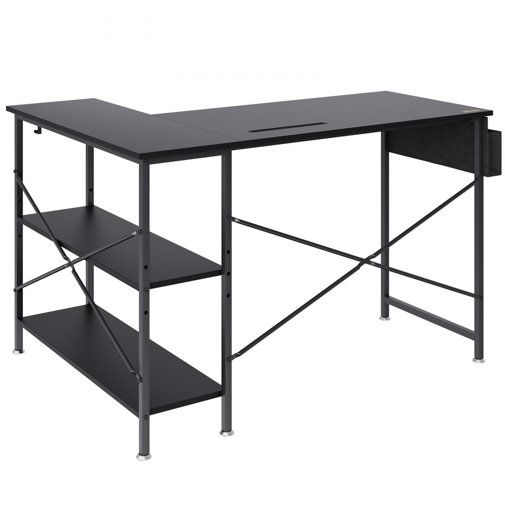 Escritorio de computadora VEVOR en forma de L negro con estantes y estructura de metal, ideal para la oficina o el espacio de trabajo en el hogar.