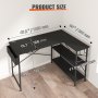 Escritorio de computadora VEVOR en forma de L con dimensiones montadas en una configuración de esquina sobre piso de madera.