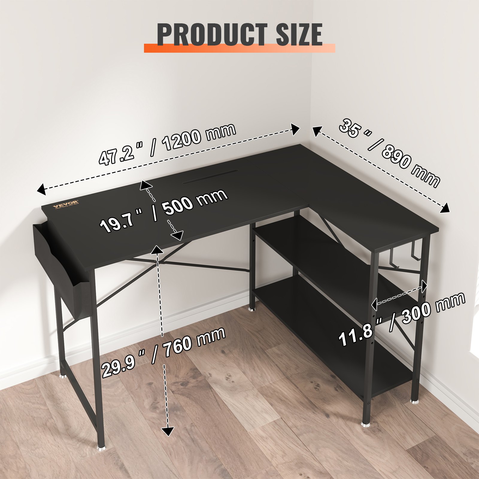 Escritorio de computadora VEVOR en forma de L con dimensiones montadas en una configuración de esquina sobre piso de madera.
