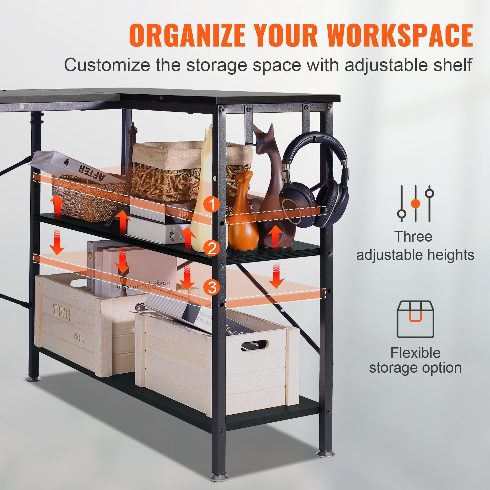 Estante de almacenamiento para escritorio de computadora en forma de L VEVOR con alturas ajustables para una organización personalizada.