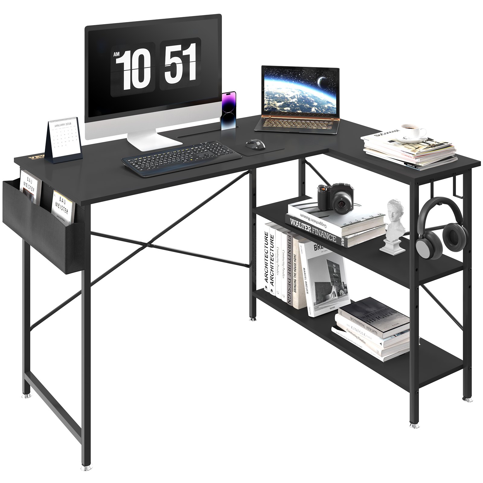 Escritorio de computadora en forma de L VEVOR con libros, monitor, teclado, mouse, computadora portátil, teléfono y auriculares.