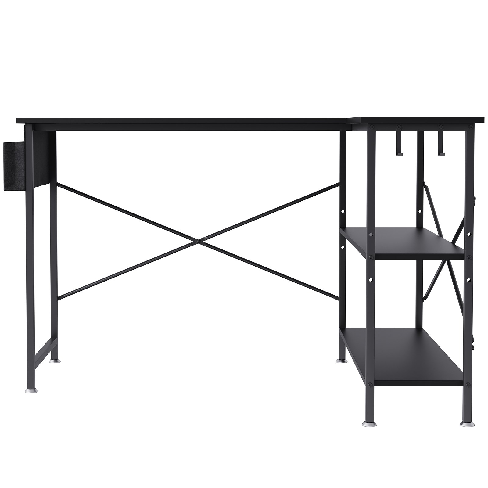 Escritorio de computadora VEVOR en forma de L negro con estructura de metal, dos estantes y vigas de soporte en forma de X.