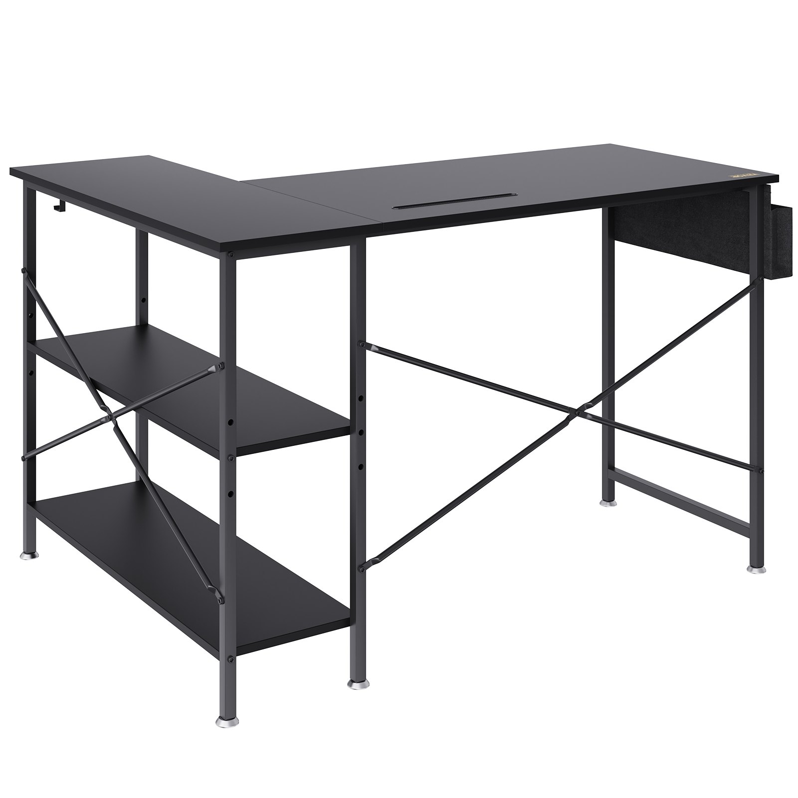 Escritorio de computadora VEVOR en forma de L negro con estantes y estructura de metal, ideal para la oficina o el espacio de trabajo en el hogar.