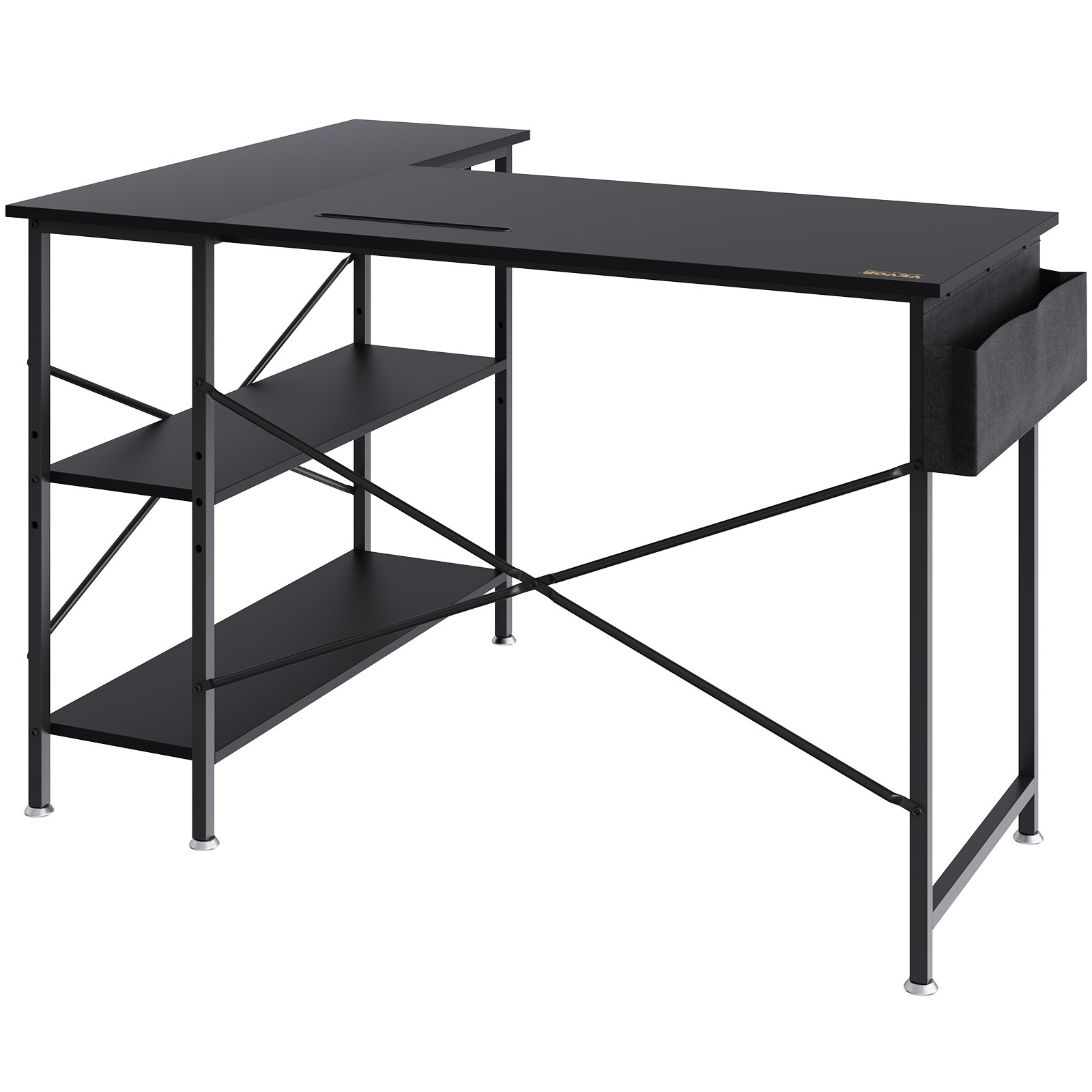 Escritorio de computadora VEVOR en forma de L negro con estantes y almacenamiento lateral.