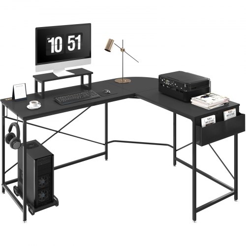 VEVOR Escritorio de Esquina 150x120x76 cm Carga de 90 kg Escritorio en Forma de L con Bolsa de Almacenamiento, Elevador de Monitor y Soporte de CPU Mesa de Ordenador para Estudio Trabajo Casa Negro