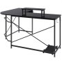Escritorio de computadora VEVOR en forma de L negro con soporte para monitor, marco de metal y estantes de almacenamiento.