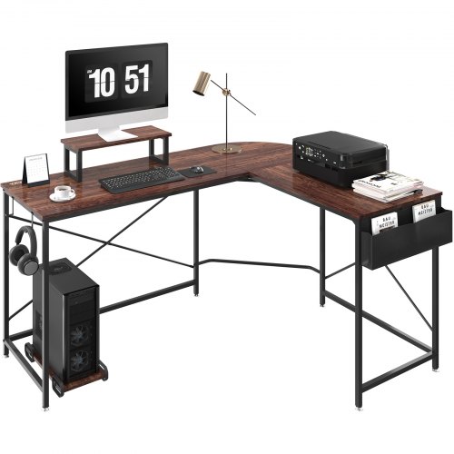VEVOR Escritorio de Esquina 150x120x76 cm Carga de 90 kg Escritorio en Forma de L con Bolsa de Almacenamiento, Elevador de Monitor y Soporte de CPU Mesa de Ordenador para Estudio Trabajo Casa Marrón
