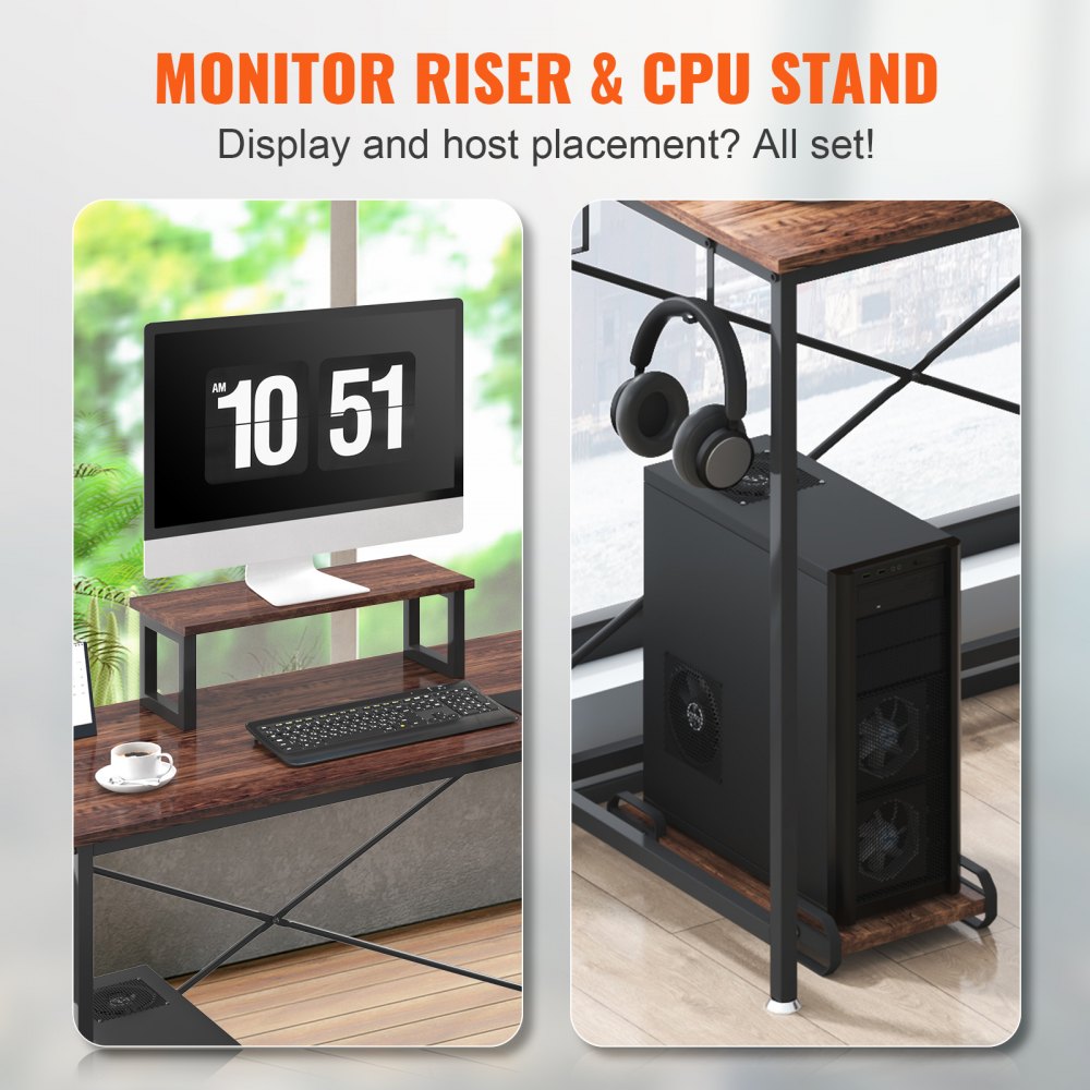 VEVOR Escritorio de Esquina 150x120x76 cm Carga de 90 kg Escritorio en Forma de L con Bolsa de Almacenamiento, Elevador de Monitor y Soporte de CPU Mesa de Ordenador para Estudio Trabajo Casa Marrón