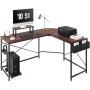 VEVOR Escritorio de Esquina 150x120x76 cm Carga de 90 kg Escritorio en Forma de L con Bolsa de Almacenamiento, Elevador de Monitor y Soporte de CPU Mesa de Ordenador para Estudio Trabajo Casa Marrón